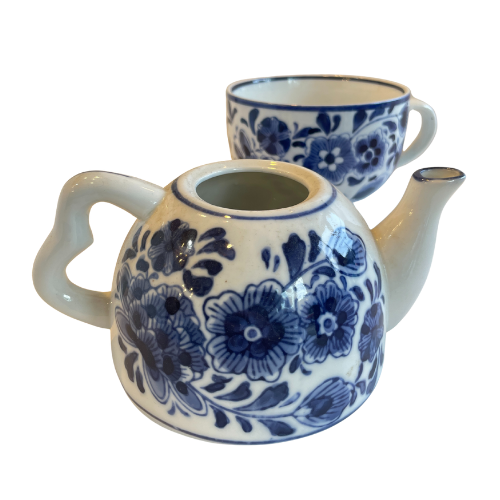 Vintage Blue & White Ceramic Teapot and Cup Set