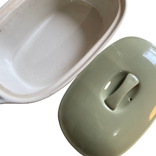 Vintage sage green lidded casserole dish