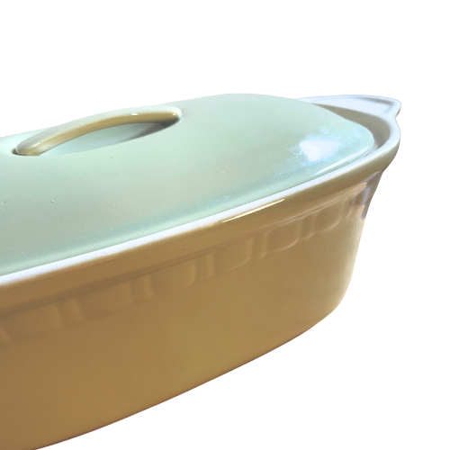 Vintage sage green lidded casserole dish