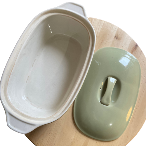 Vintage sage green lidded casserole dish