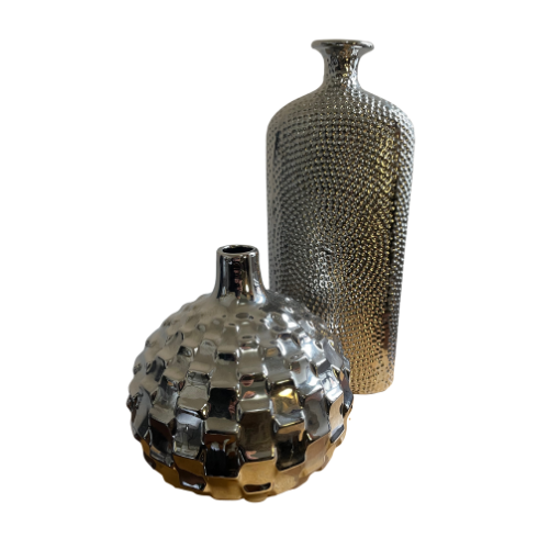Silver textured vase duo